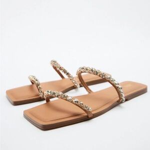 Zara Embellished Tan Crystal Rhinestone Strap Flat Sandals